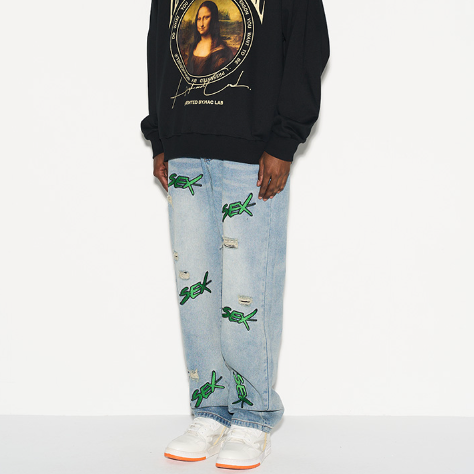 Harsh and Cruel Distressed Embroidered Loose Denim