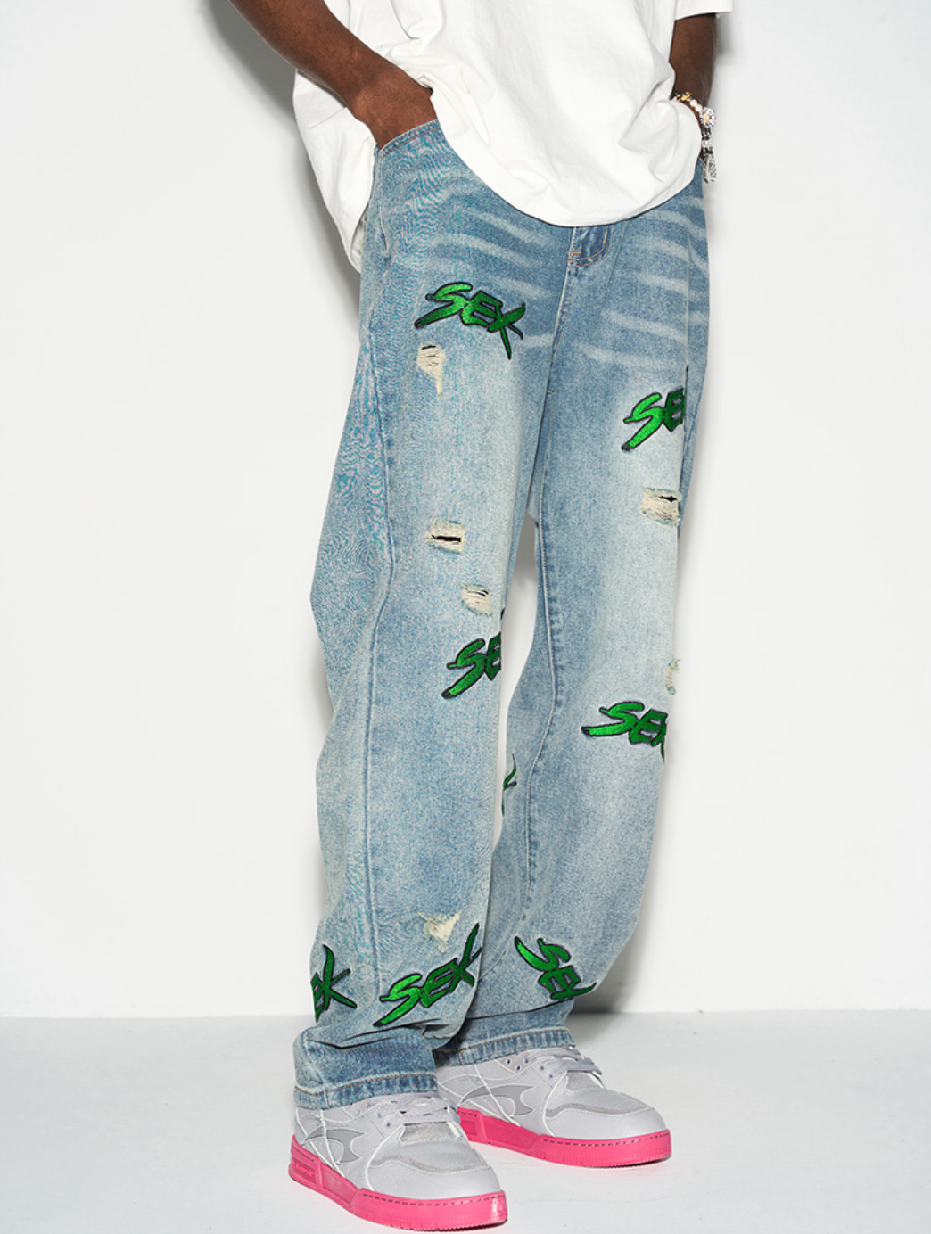 Harsh and Cruel Distressed Embroidered Loose Denim