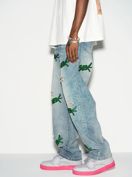 Harsh and Cruel Distressed Embroidered Loose Denim