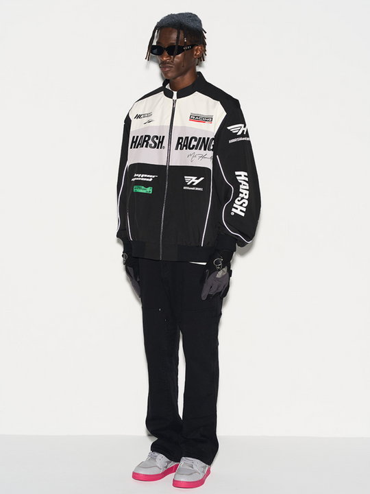Harsh and Cruel Retro Motorcycle Racing Logo Jacket - This stylish jacket evokes the nostalgic atmosphere and powerful design of classic motorcycle racing. With high-quality materials and a bold logo print, it's a striking statement piece that seamlessly integrates into a street-style wardrobe. Versatile for spring and fall layering, this jacket captures the energy of the racetrack.