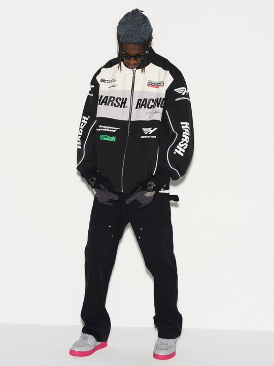 Harsh and Cruel Retro Motorcycle Racing Logo Jacket - This stylish jacket evokes the nostalgic atmosphere and powerful design of classic motorcycle racing. With high-quality materials and a bold logo print, it's a striking statement piece that seamlessly integrates into a street-style wardrobe. Versatile for spring and fall layering, this jacket captures the energy of the racetrack.