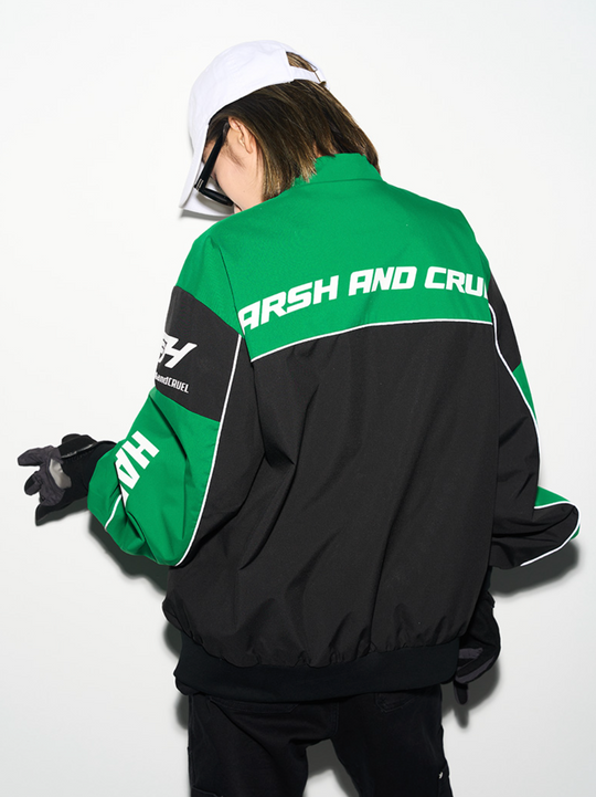 Harsh and Cruel Retro Motorcycle Racing Logo Jacket - This stylish jacket evokes the nostalgic atmosphere and powerful design of classic motorcycle racing. With high-quality materials and a bold logo print, it's a striking statement piece that seamlessly integrates into a street-style wardrobe. Versatile for spring and fall layering, this jacket captures the energy of the racetrack.