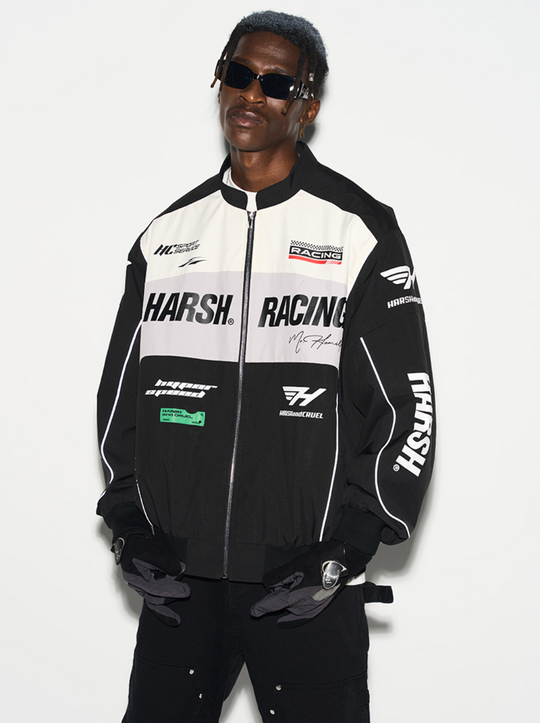 Harsh and Cruel Retro Motorcycle Racing Logo Jacket - This stylish jacket evokes the nostalgic atmosphere and powerful design of classic motorcycle racing. With high-quality materials and a bold logo print, it's a striking statement piece that seamlessly integrates into a street-style wardrobe. Versatile for spring and fall layering, this jacket captures the energy of the racetrack.