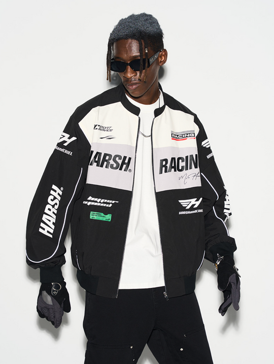 Harsh and Cruel Retro Motorcycle Racing Logo Jacket - This stylish jacket evokes the nostalgic atmosphere and powerful design of classic motorcycle racing. With high-quality materials and a bold logo print, it's a striking statement piece that seamlessly integrates into a street-style wardrobe. Versatile for spring and fall layering, this jacket captures the energy of the racetrack.