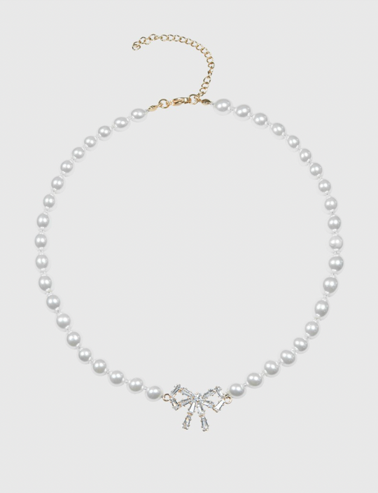 AWE Crystal Bow Pearl Necklace