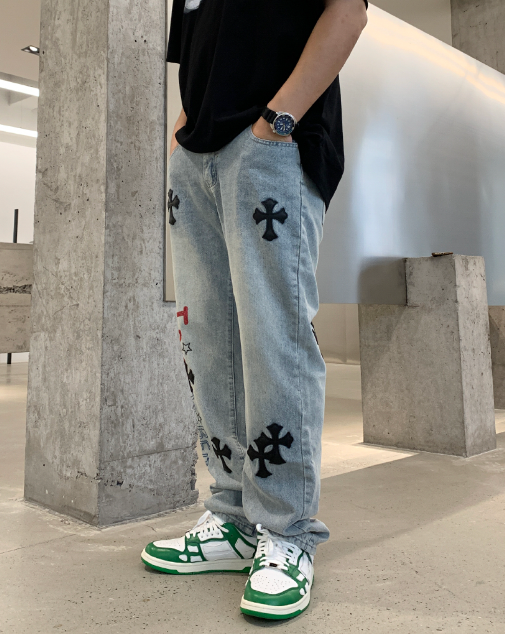 F3F Select Cross Patch Embroidery Washed Denim Jeans