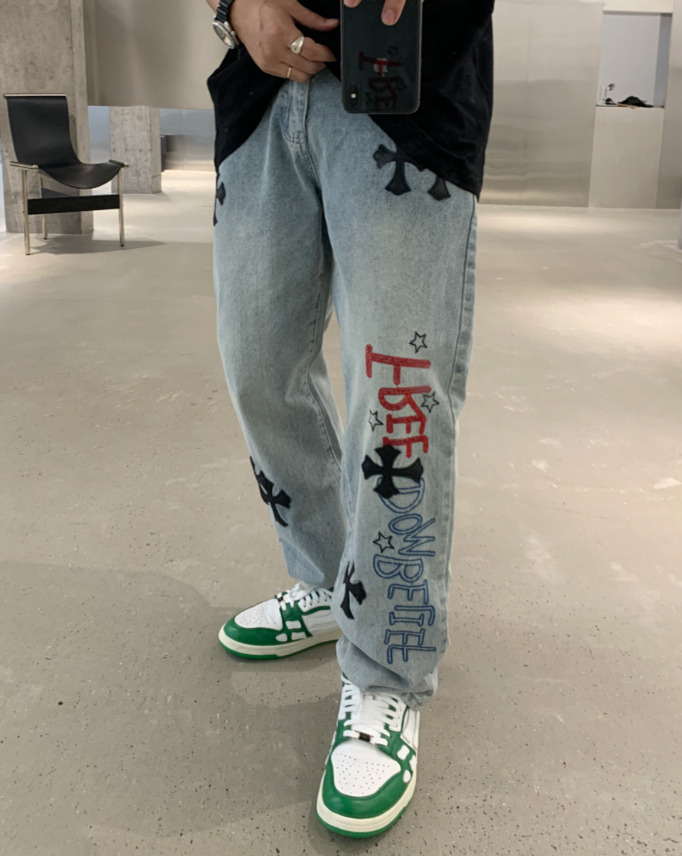 F3F Select Cross Patch Embroidery Washed Denim Jeans