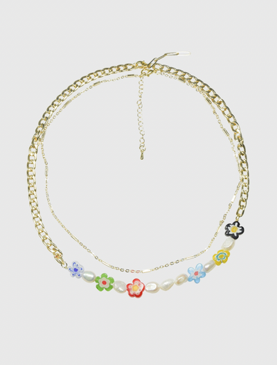 AWE Double Chain Flower Pearl Necklace