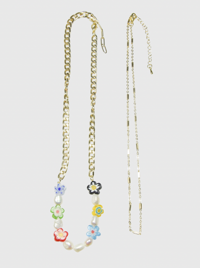 AWE Double Chain Flower Pearl Necklace