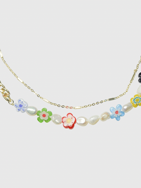 AWE Double Chain Flower Pearl Necklace