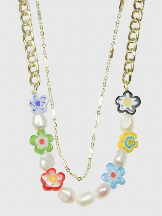AWE Double Chain Flower Pearl Necklace