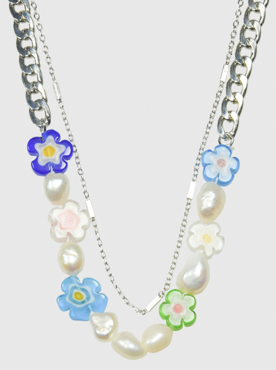 AWE Double Chain Flower Pearl Necklace