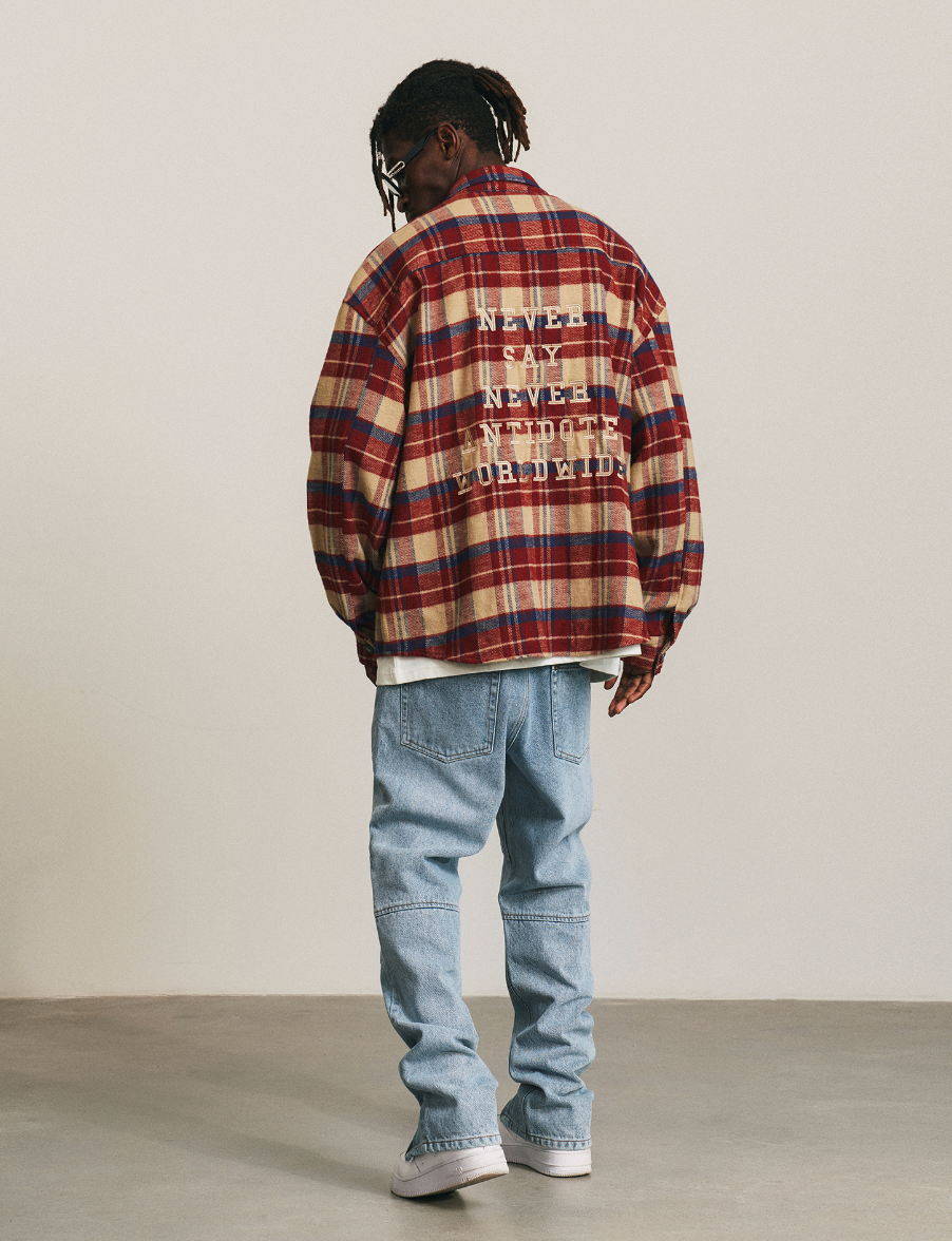 ANTIDOTE Zipper Plaid Embroidered Long Sleeved Shirt