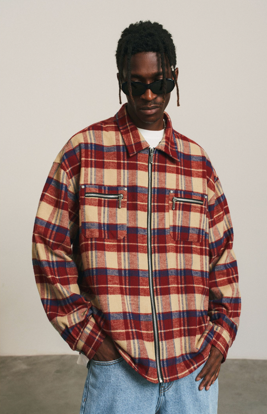 ANTIDOTE Zipper Plaid Embroidered Long Sleeved Shirt
