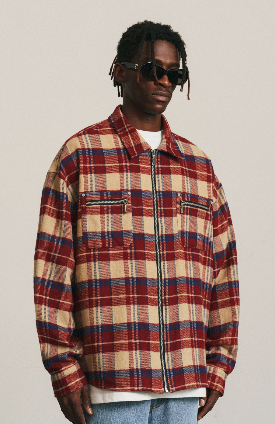 ANTIDOTE Zipper Plaid Embroidered Long Sleeved Shirt