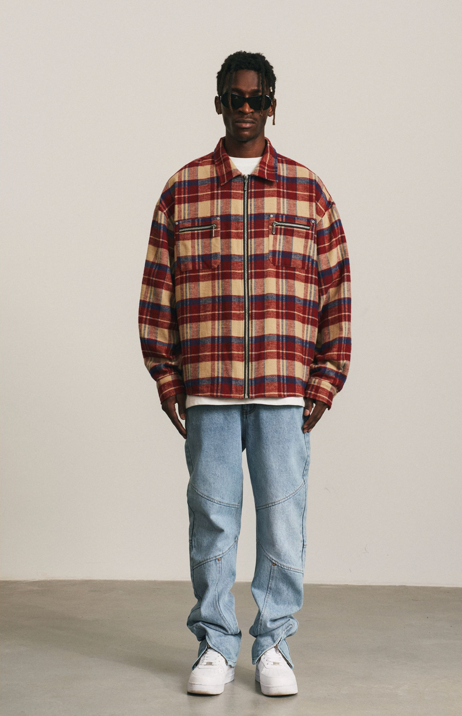 ANTIDOTE Zipper Plaid Embroidered Long Sleeved Shirt