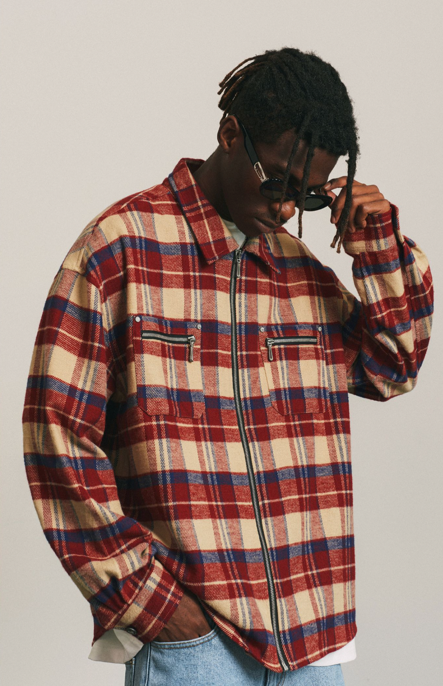 ANTIDOTE Zipper Plaid Embroidered Long Sleeved Shirt