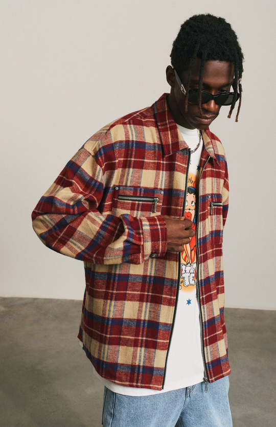 ANTIDOTE Zipper Plaid Embroidered Long Sleeved Shirt