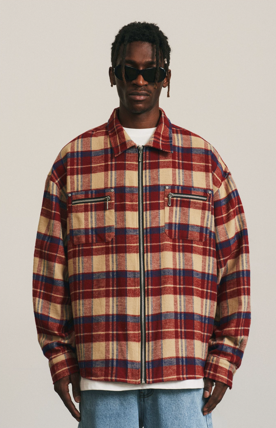 ANTIDOTE Zipper Plaid Embroidered Long Sleeved Shirt