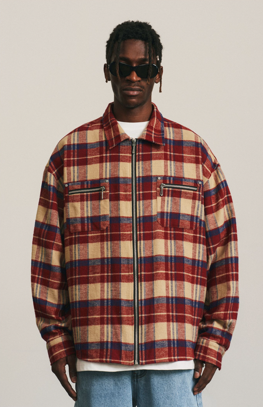 ANTIDOTE Zipper Plaid Embroidered Long Sleeved Shirt