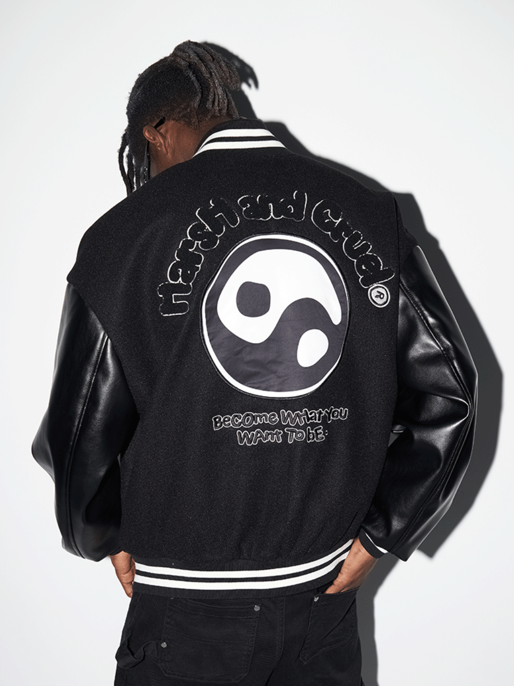 Harsh and Cruel Ying-Yang Embroidered Logo Varsity Jacket