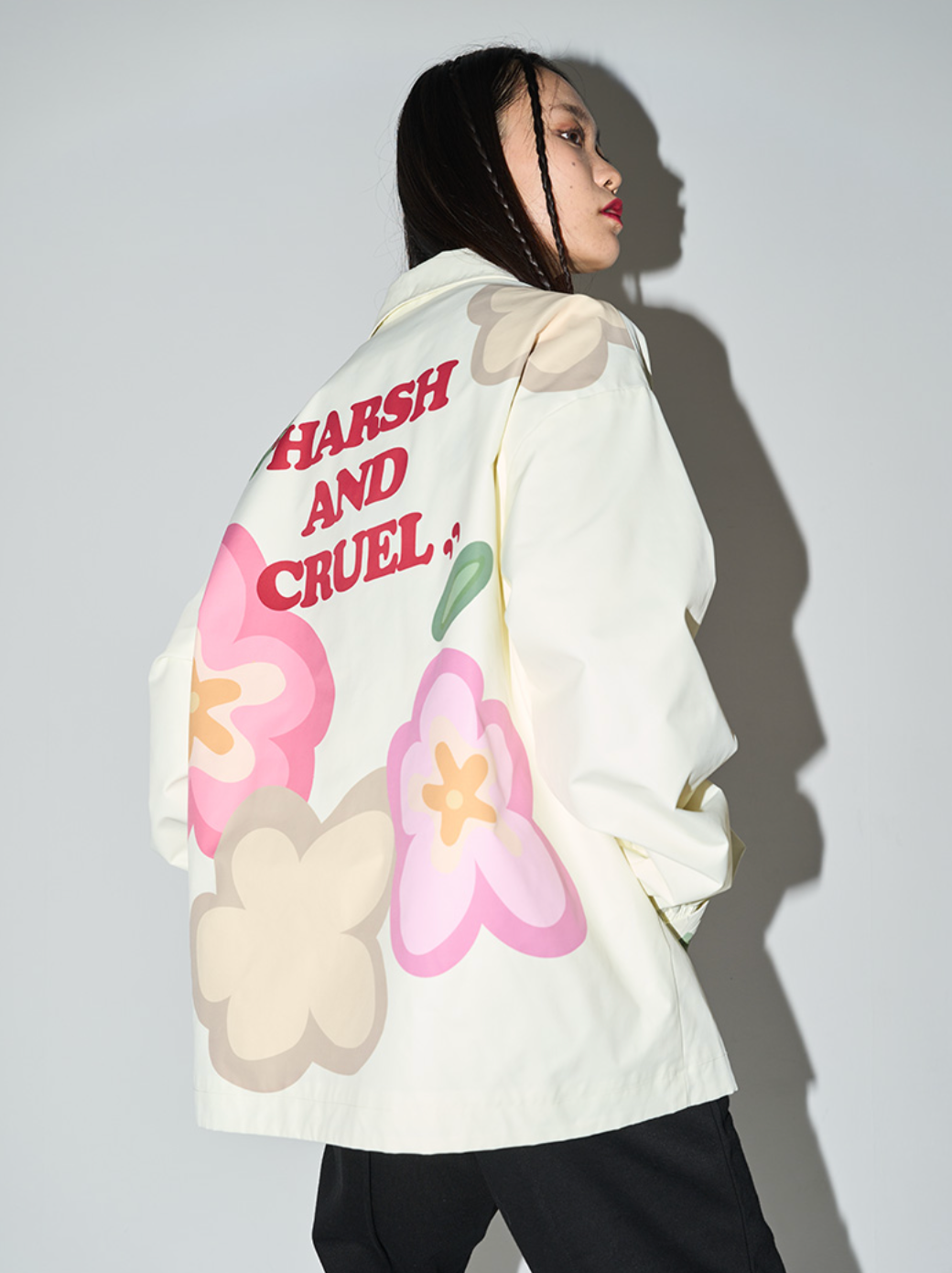 Harsh and Cruel Handpainted Cartoon Flowers Coach Jacket