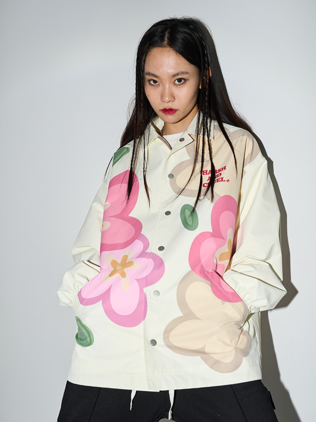 Harsh and Cruel Handpainted Cartoon Flowers Coach Jacket