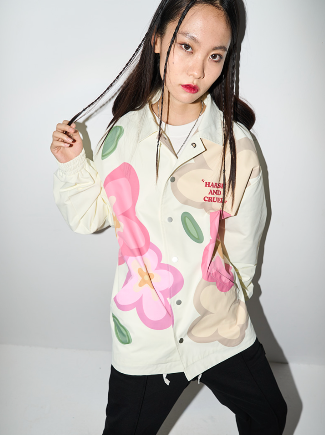 Harsh and Cruel Handpainted Cartoon Flowers Coach Jacket