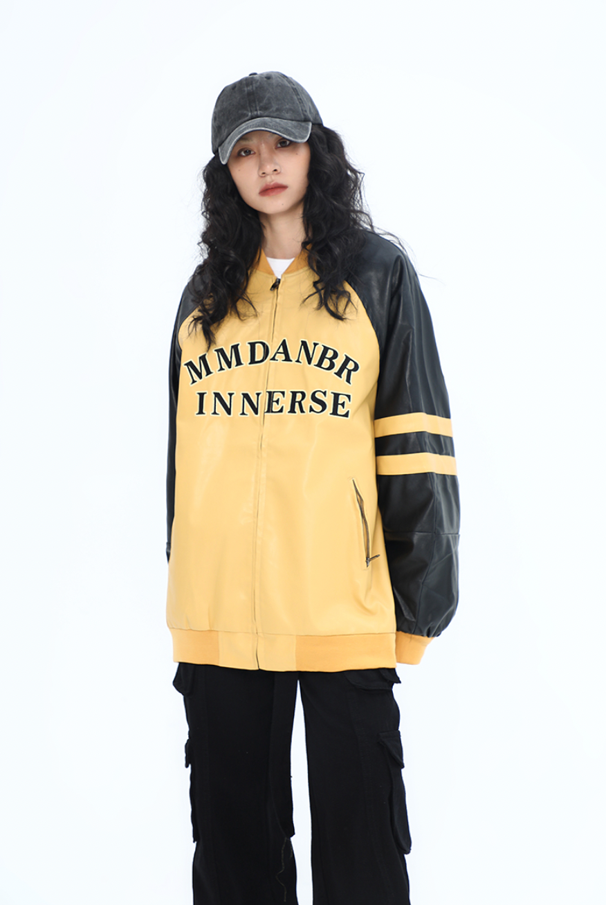 F3F Select Colorful Embroidered Biker PU Leather Jacket