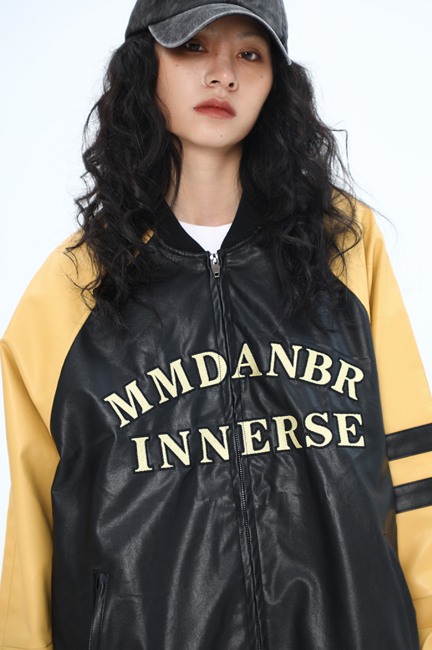 F3F Select Colorful Embroidered Biker PU Leather Jacket