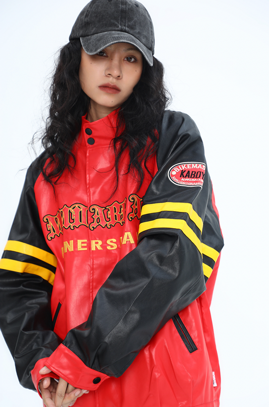 F3F Select Spelling Color Embroidery Biker PU Leather Jacket