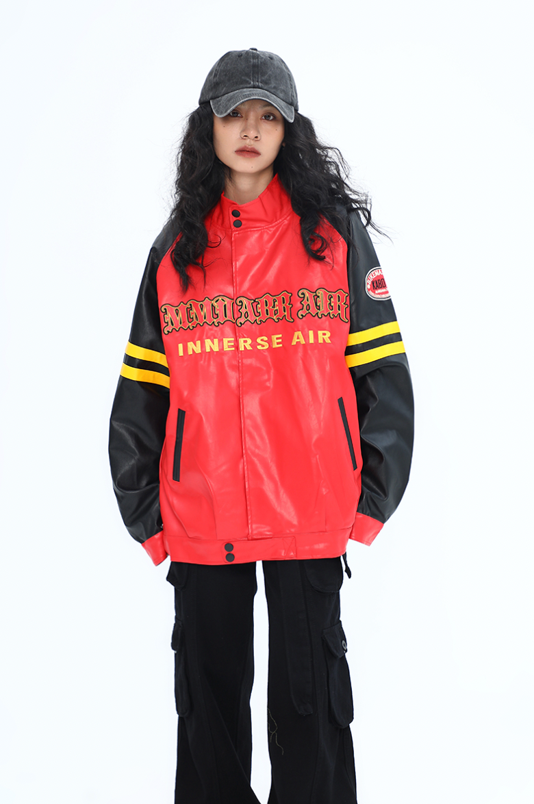 F3F Select Spelling Color Embroidery Biker PU Leather Jacket