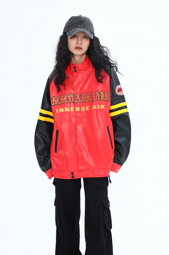 F3F Select Spelling Color Embroidery Biker PU Leather Jacket