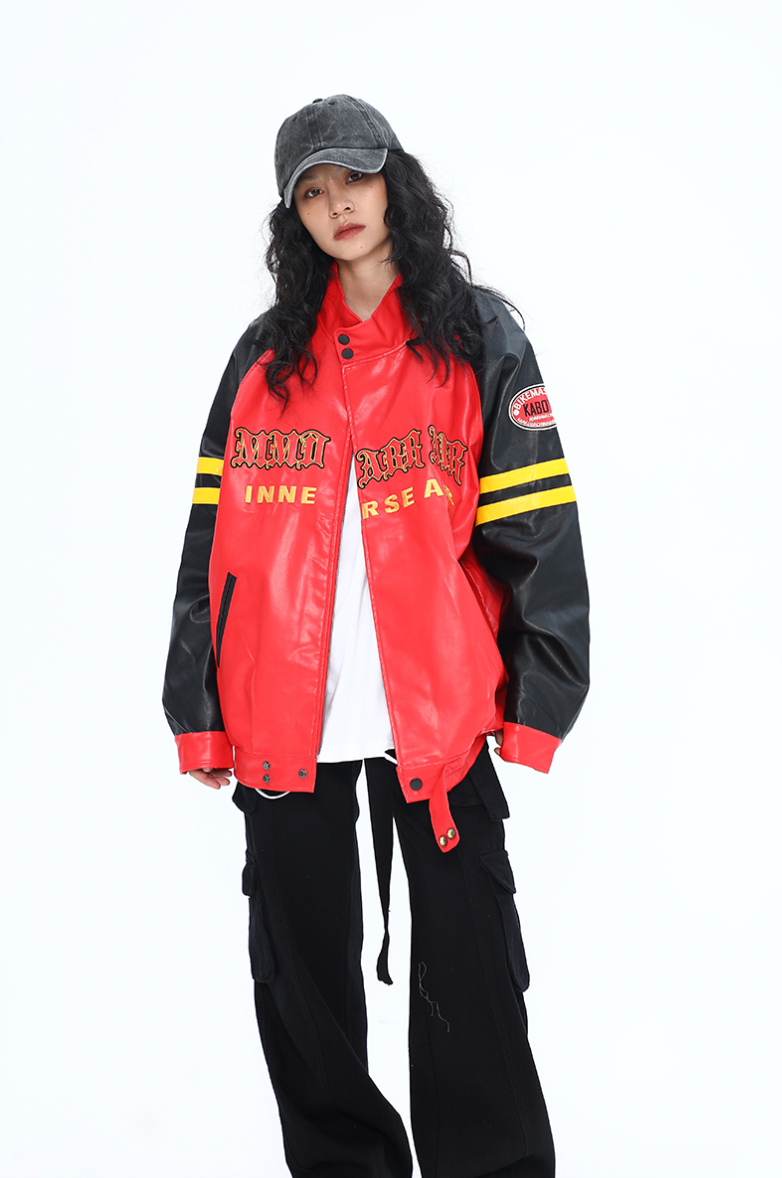 F3F Select Spelling Color Embroidery Biker PU Leather Jacket