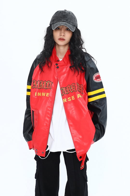 F3F Select Spelling Color Embroidery Biker PU Leather Jacket