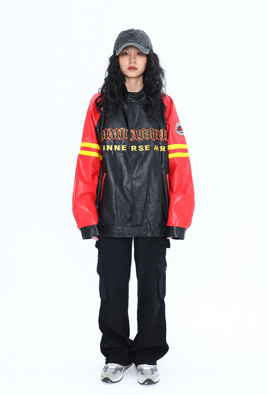 F3F Select Spelling Color Embroidery Biker PU Leather Jacket