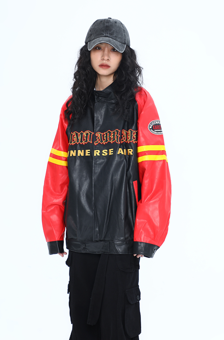 F3F Select Spelling Color Embroidery Biker PU Leather Jacket