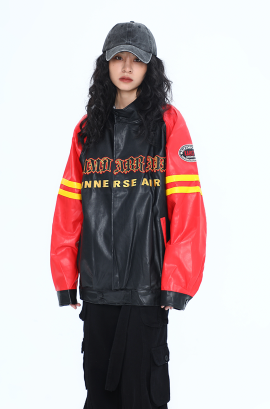 F3F Select Spelling Color Embroidery Biker PU Leather Jacket
