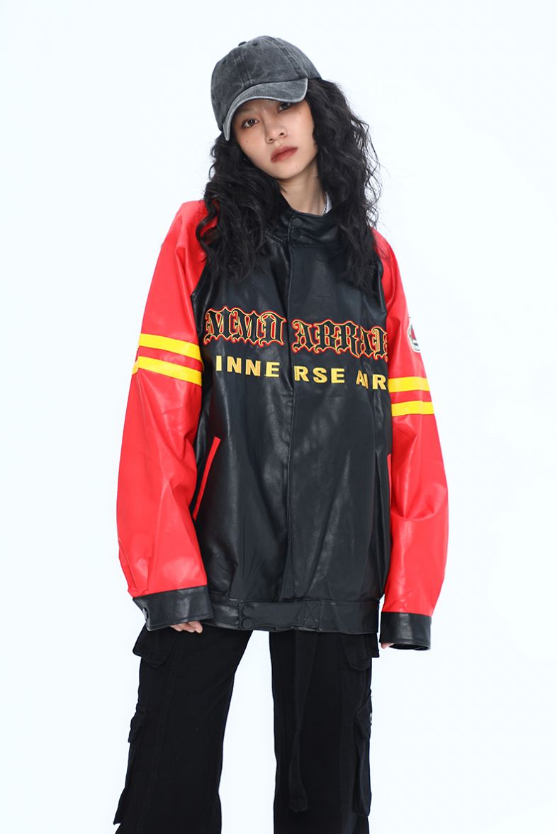 F3F Select Spelling Color Embroidery Biker PU Leather Jacket