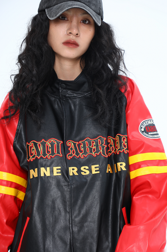 F3F Select Spelling Color Embroidery Biker PU Leather Jacket