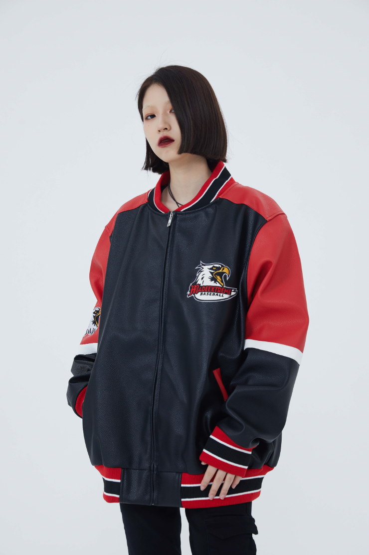 F3F Select  Eagle Embroidery Color Blocking Biker PU Leather Jacket