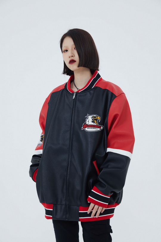 F3F Select  Eagle Embroidery Color Blocking Biker PU Leather Jacket