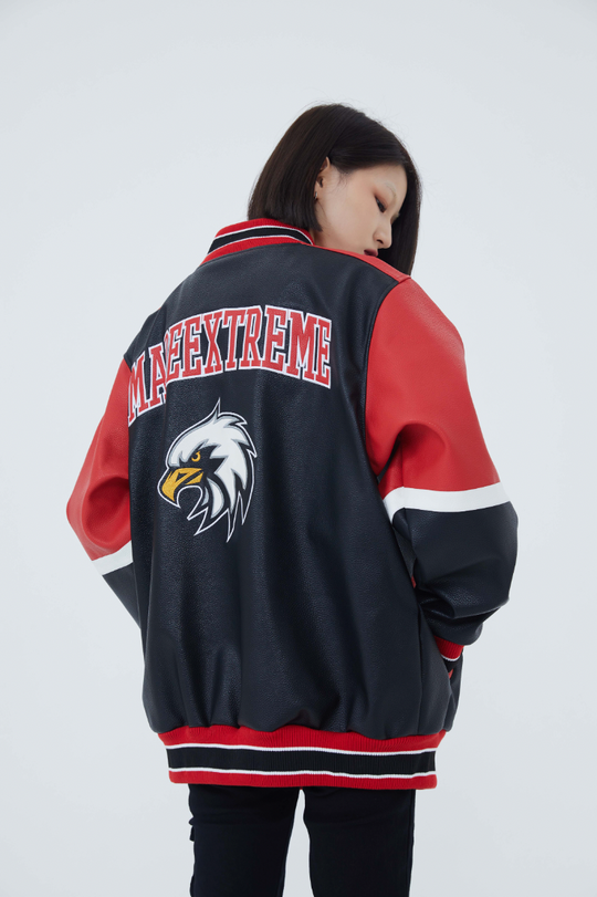F3F Select  Eagle Embroidery Color Blocking Biker PU Leather Jacket