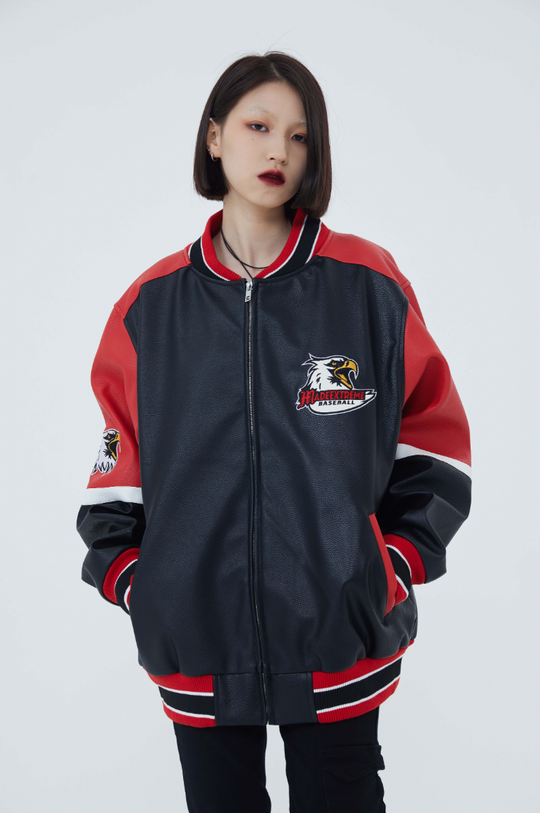 F3F Select  Eagle Embroidery Color Blocking Biker PU Leather Jacket