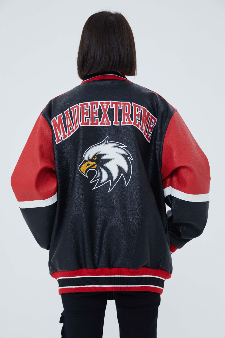 F3F Select  Eagle Embroidery Color Blocking Biker PU Leather Jacket