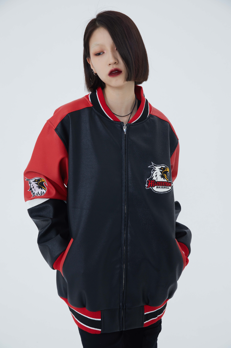 F3F Select  Eagle Embroidery Color Blocking Biker PU Leather Jacket