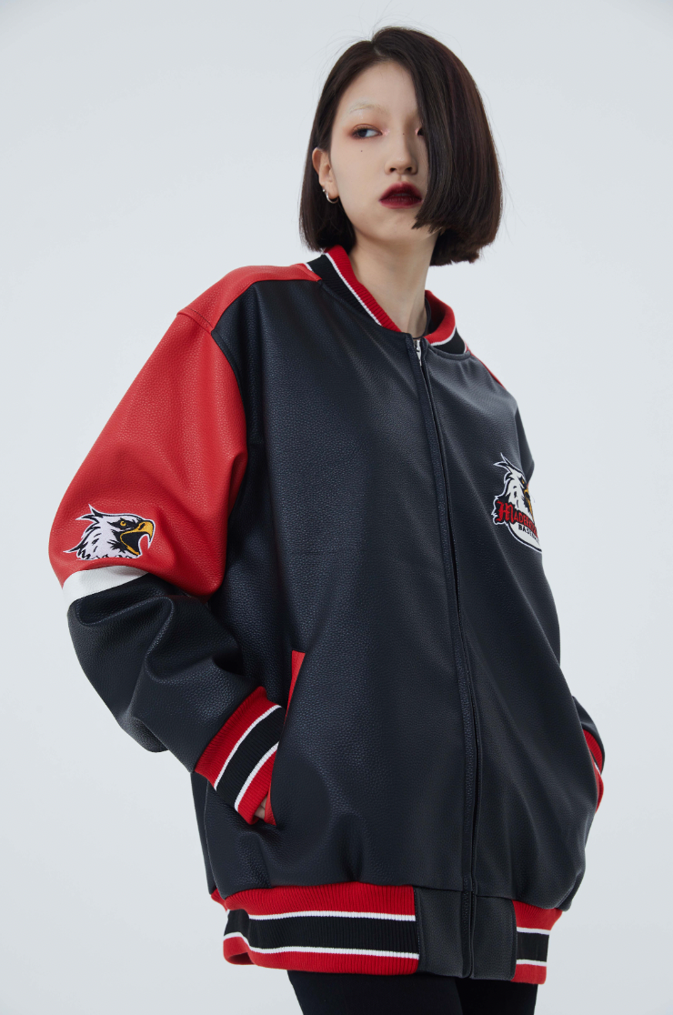 F3F Select  Eagle Embroidery Color Blocking Biker PU Leather Jacket