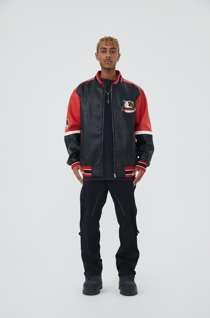 F3F Select  Eagle Embroidery Color Blocking Biker PU Leather Jacket