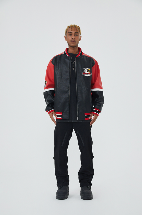 F3F Select  Eagle Embroidery Color Blocking Biker PU Leather Jacket