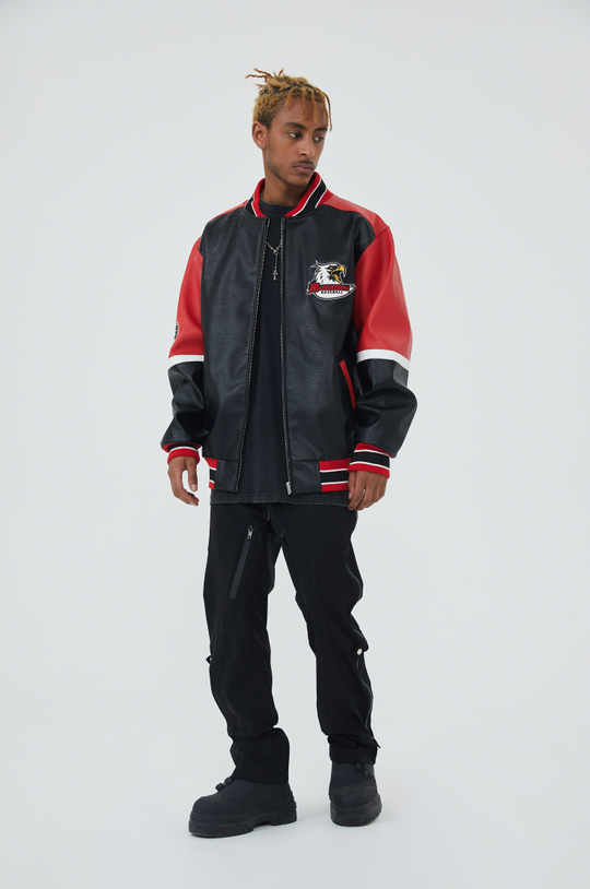 F3F Select  Eagle Embroidery Color Blocking Biker PU Leather Jacket